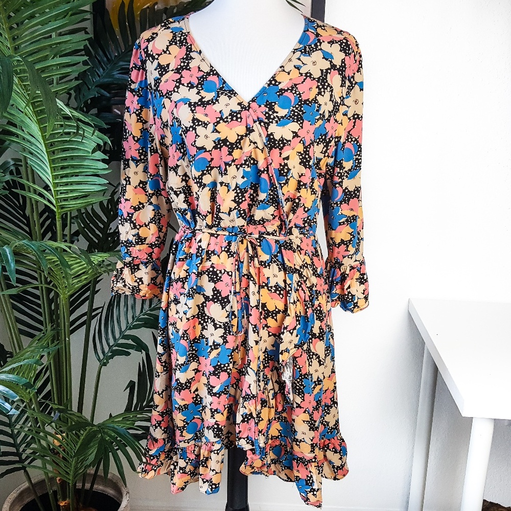Xhiliration Floral Faux Wrap V Ruffle Dress XL